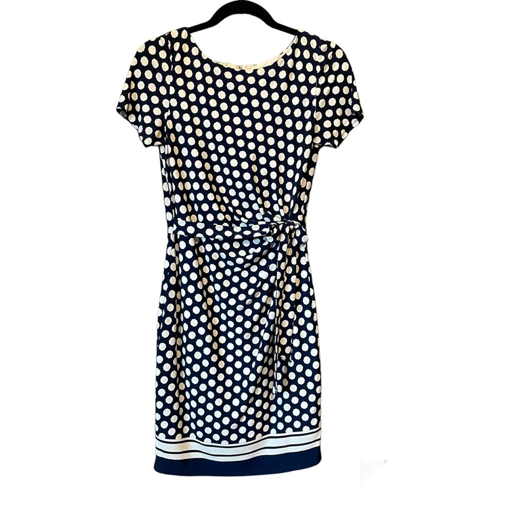 Eliza J Navy Blue and White Octagon Polka Dot Dress with Faux Wrap and Waist Tie